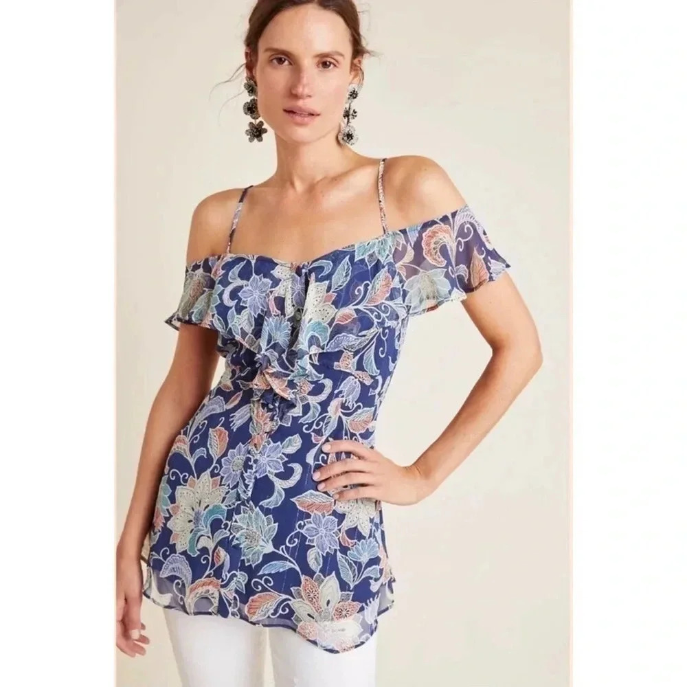 Maeve Anthropologie Blue Floral Mariposa Ruffle Drop Shoulder Top Blouse Size 6